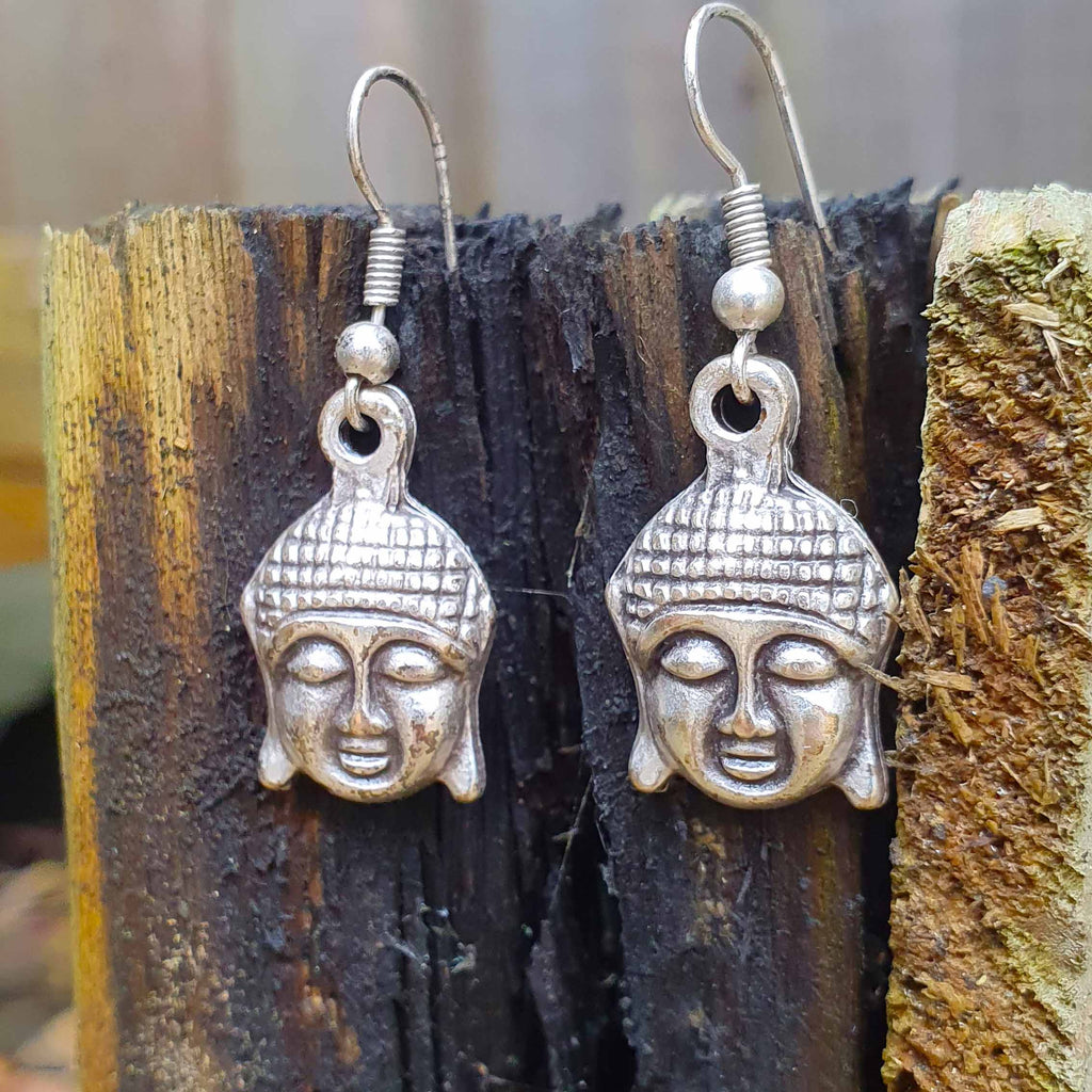 Silver buddha head earrings, spiritual mindfulness yoga dangle