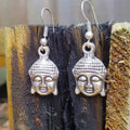 Silver buddha head earrings, spiritual mindfulness yoga dangle