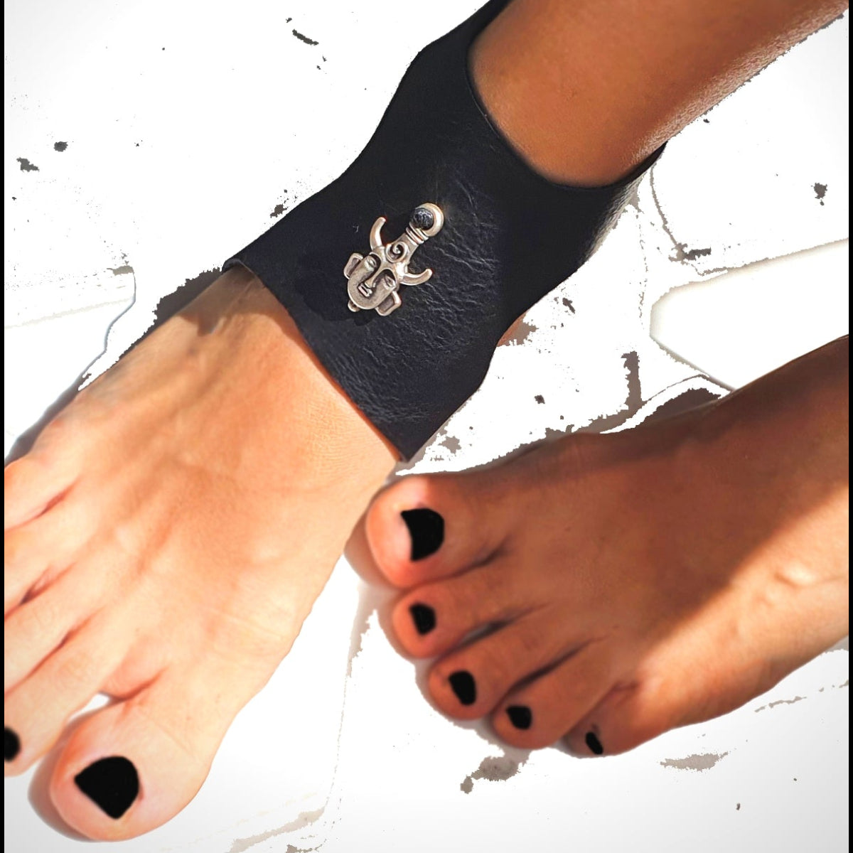 Black leather ankle wrap with silver charm, summer body jewellery