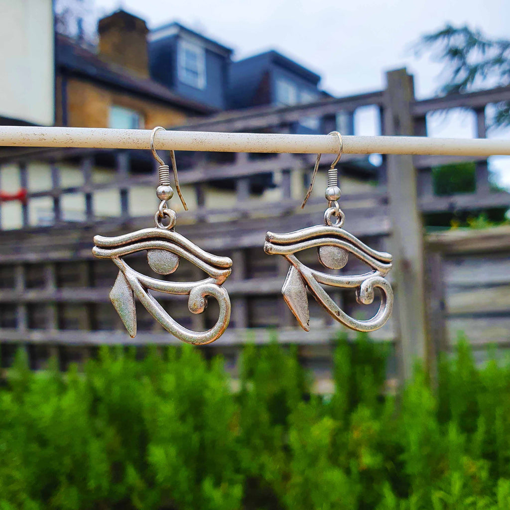 Silver eye of horus earrings, egyptian protection symbol dangle