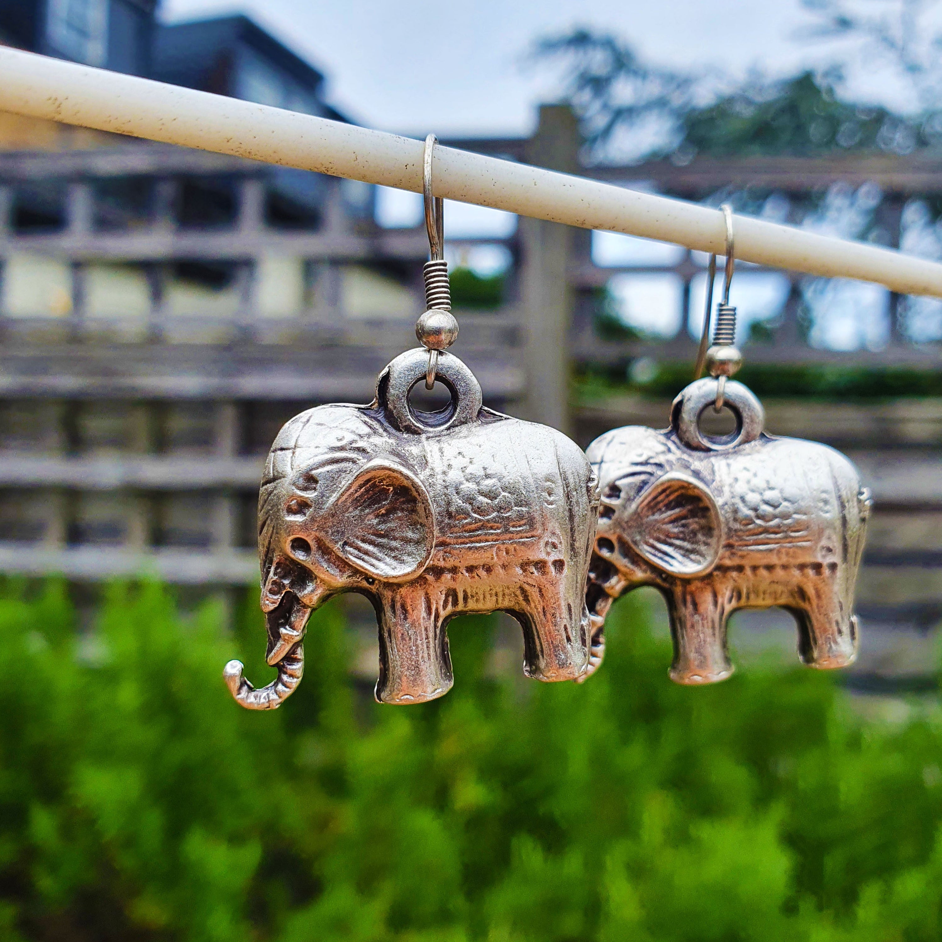 Silver elephant earrings, boho spiritual animal dangle