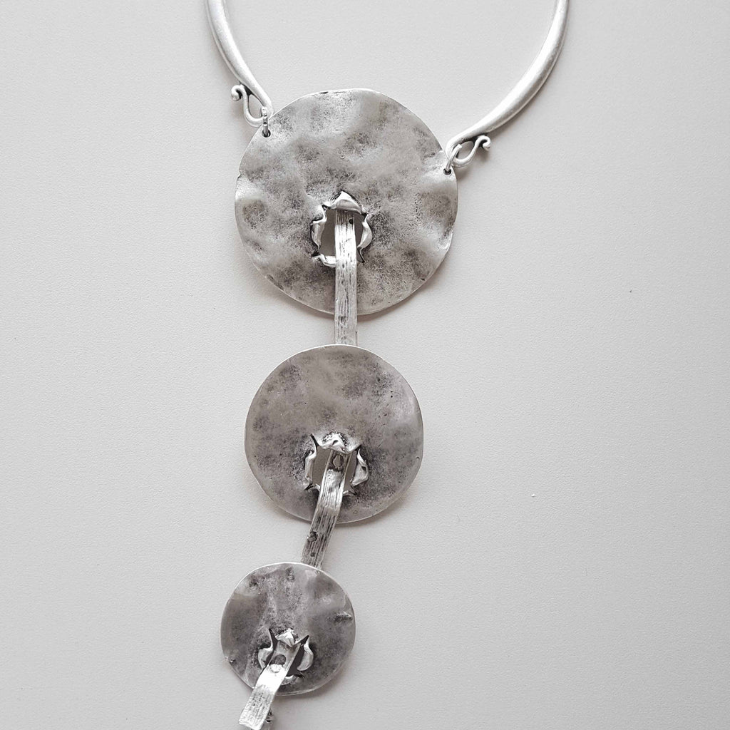 Silver brutalist geometric necklace, hammered disc pendant sculptural statement