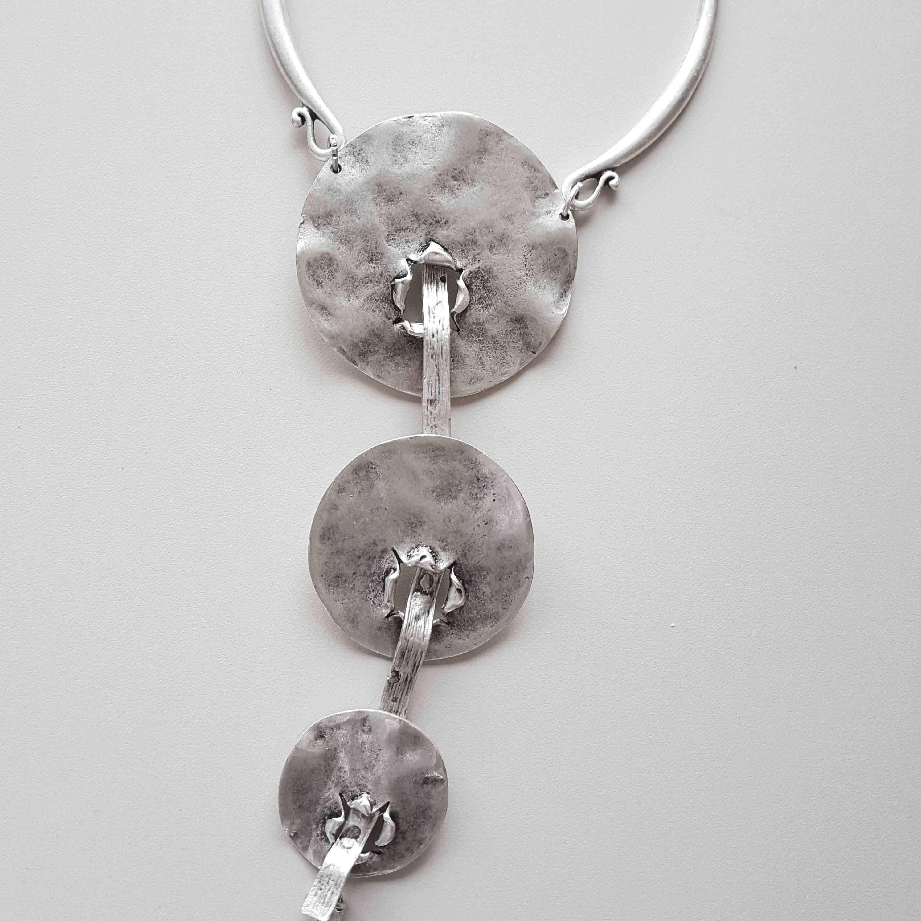 Silver brutalist geometric necklace, hammered disc pendant sculptural statement