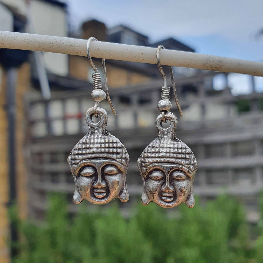 Silver buddha head earrings, spiritual mindfulness yoga dangle