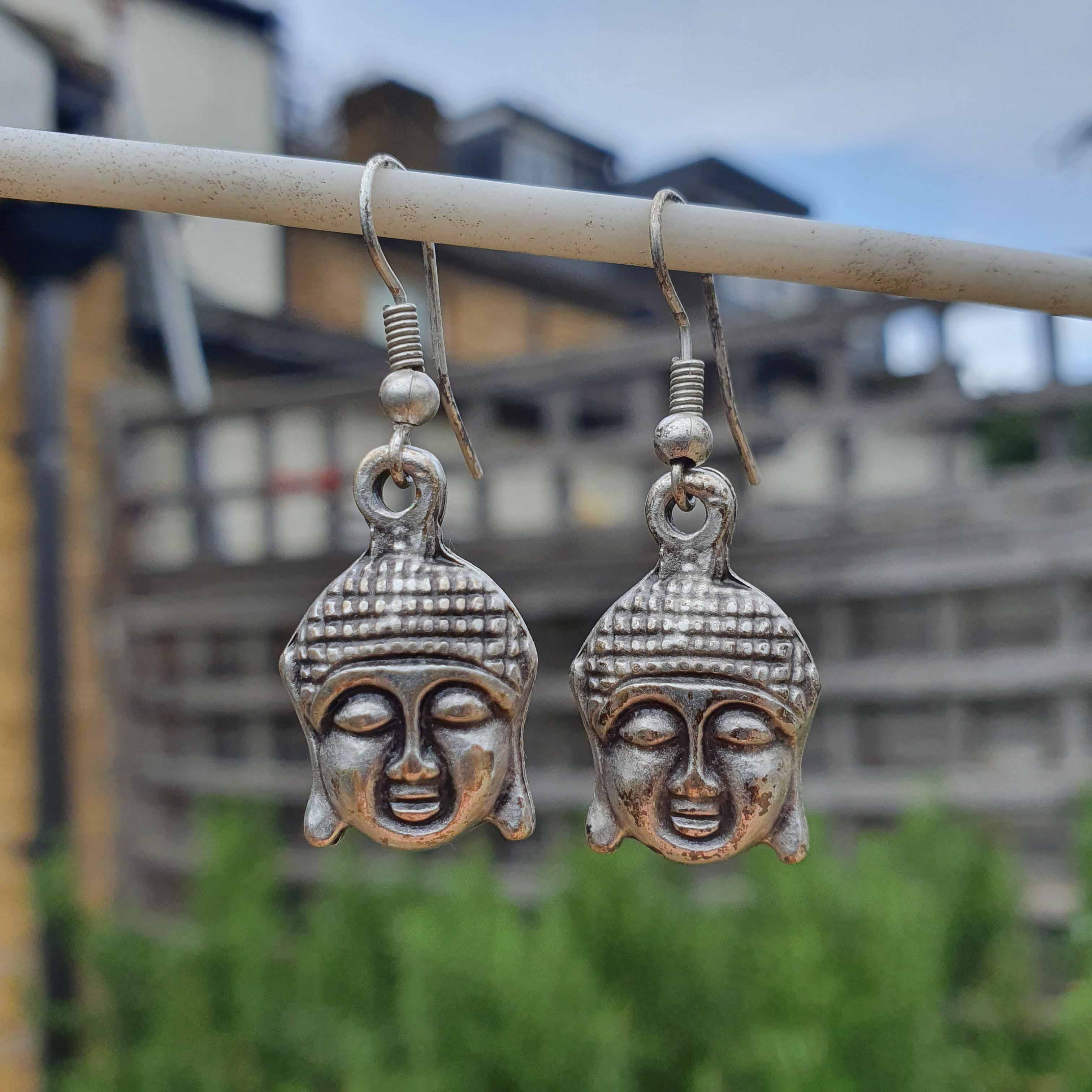 Silver buddha head earrings, spiritual mindfulness yoga dangle