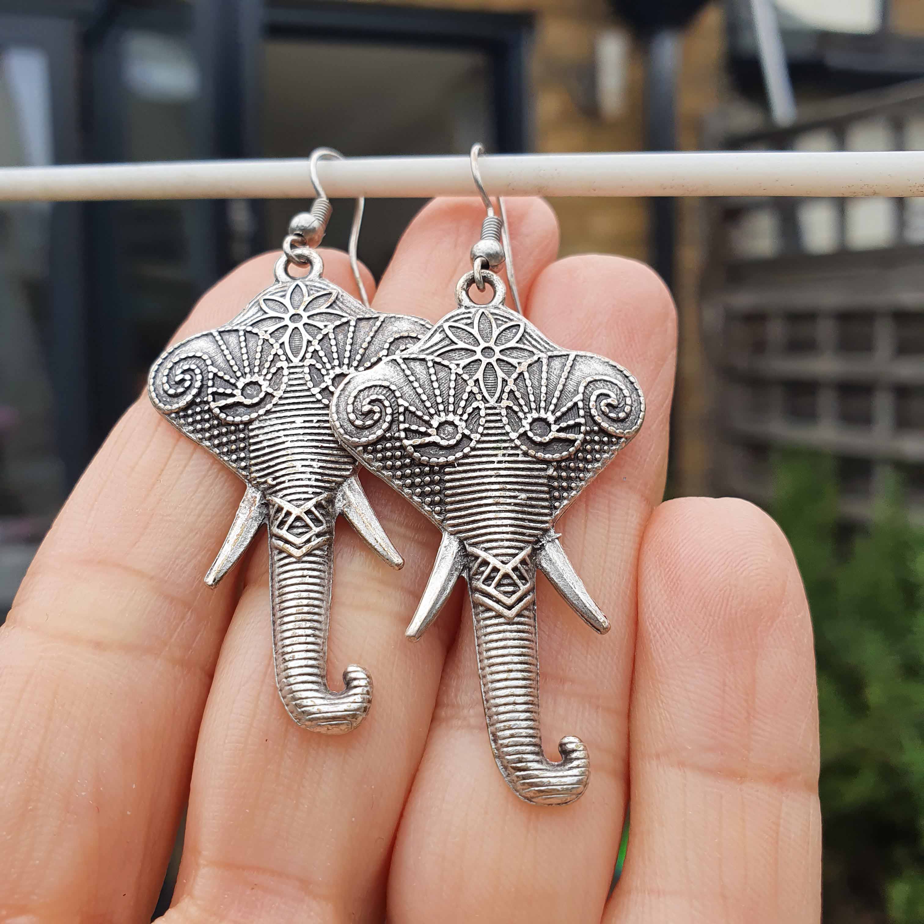 Silver ganesh earrings, ganesha elephant spiritual statement dangle