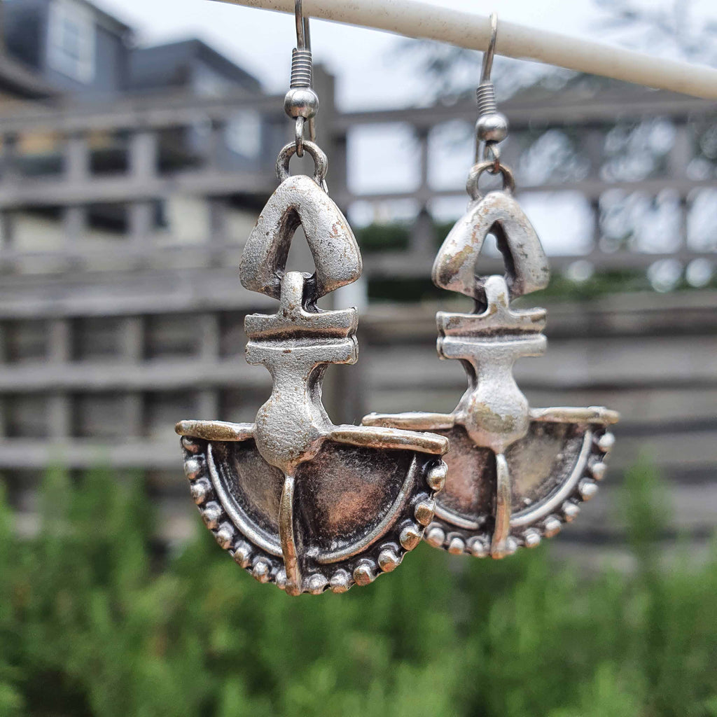 Silver tribal shield earrings, ethnic bohemian statement dangle