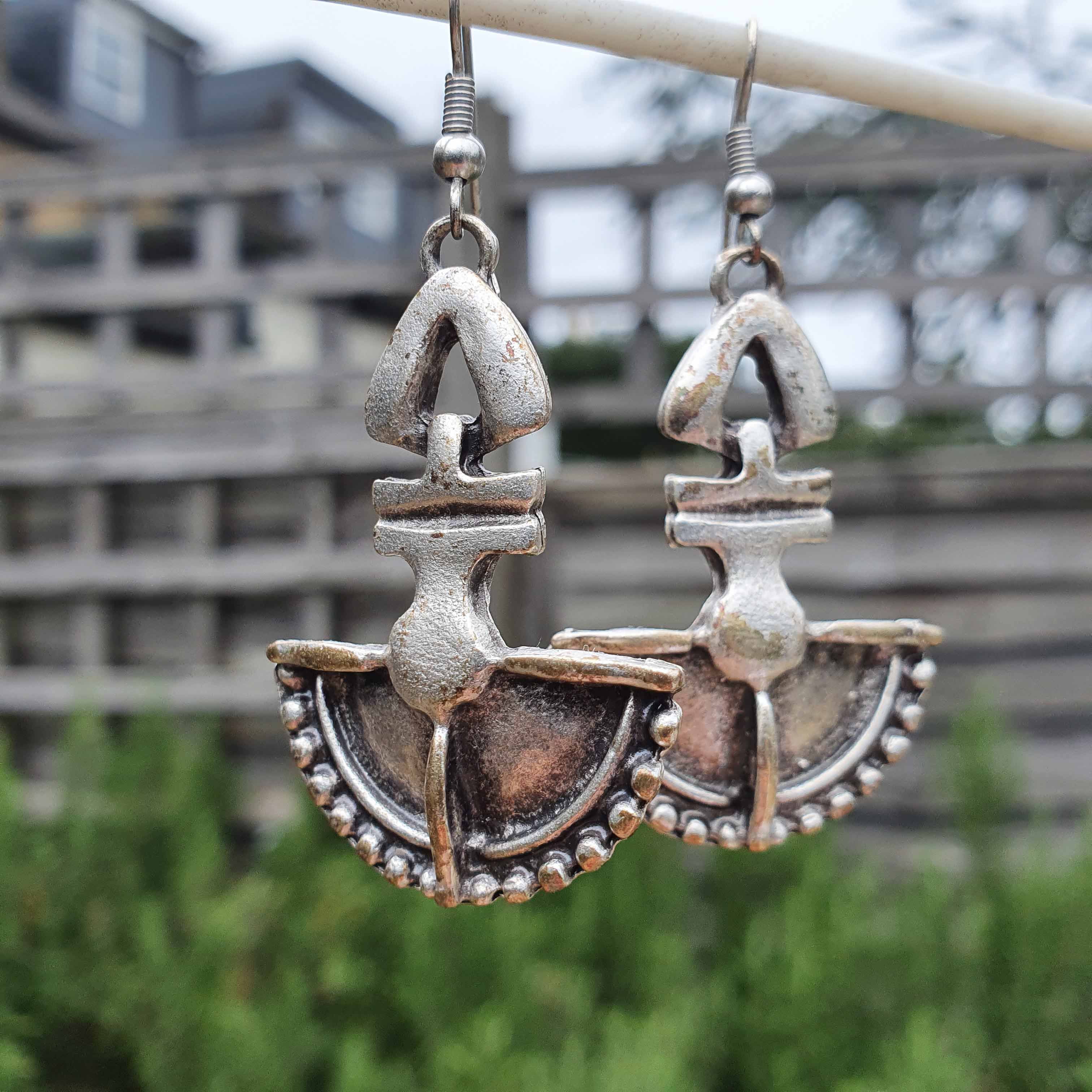 Silver tribal shield earrings, ethnic bohemian statement dangle