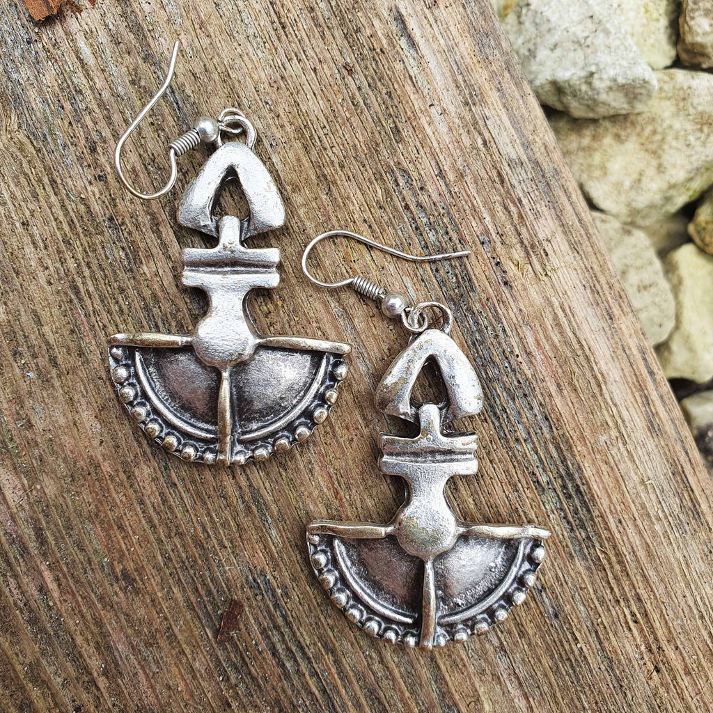 Silver tribal shield earrings, ethnic bohemian statement dangle