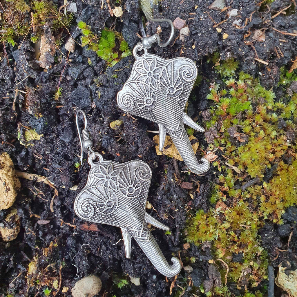 Silver ganesh earrings, ganesha elephant spiritual statement dangle