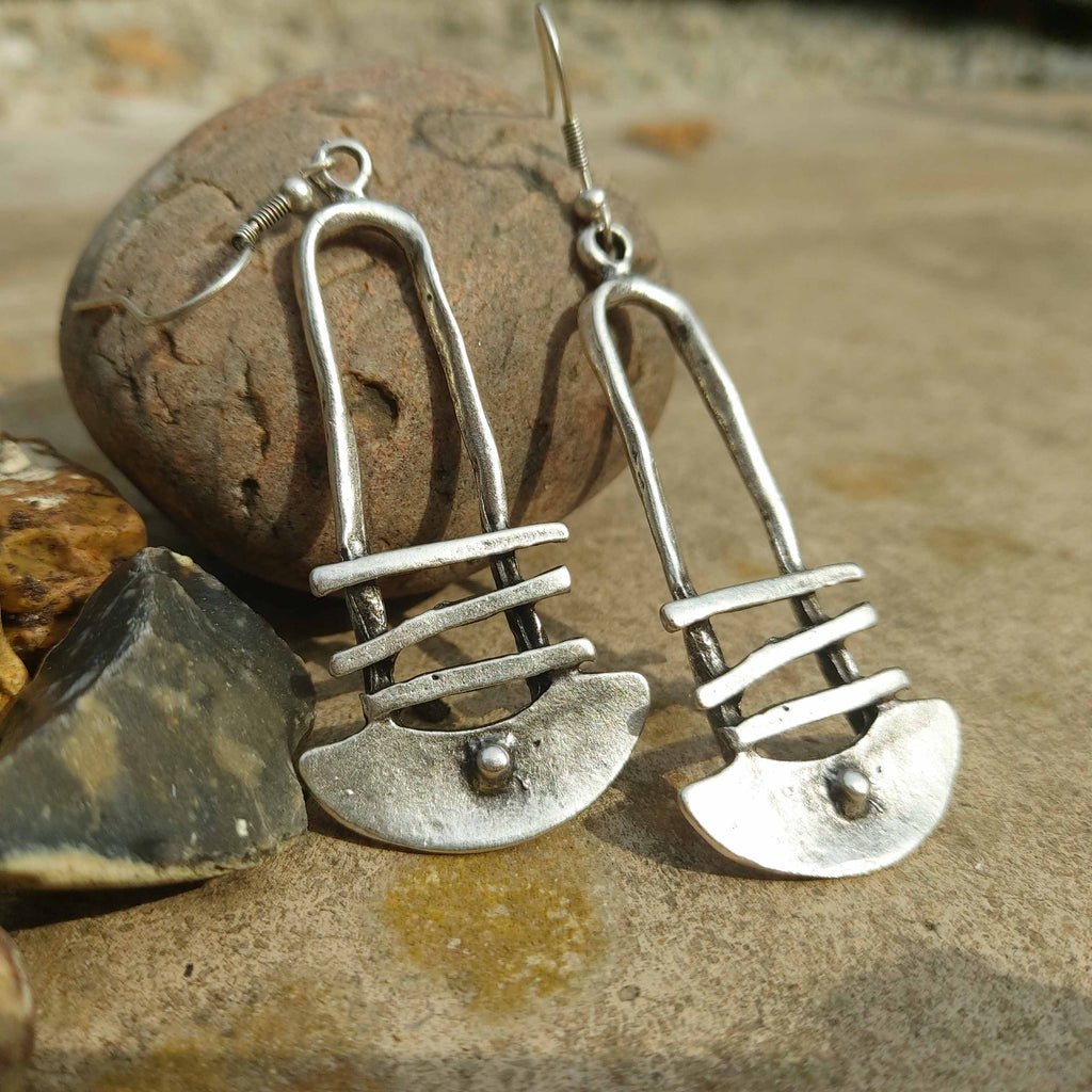 Silver architectural dangle earrings, long tribal bohemian shield drop