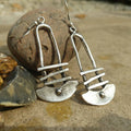 Silver architectural dangle earrings, long tribal bohemian shield drop