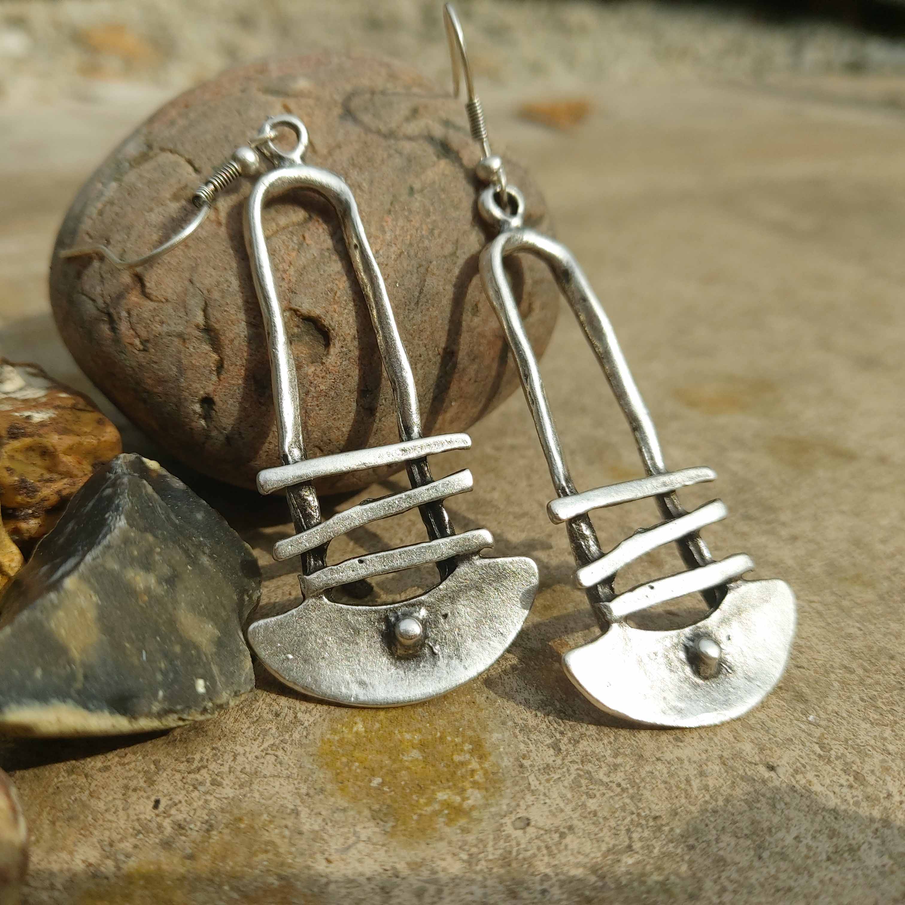 Silver architectural dangle earrings, long tribal bohemian shield drop