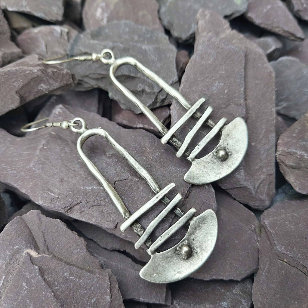 Silver architectural dangle earrings, long tribal bohemian shield drop