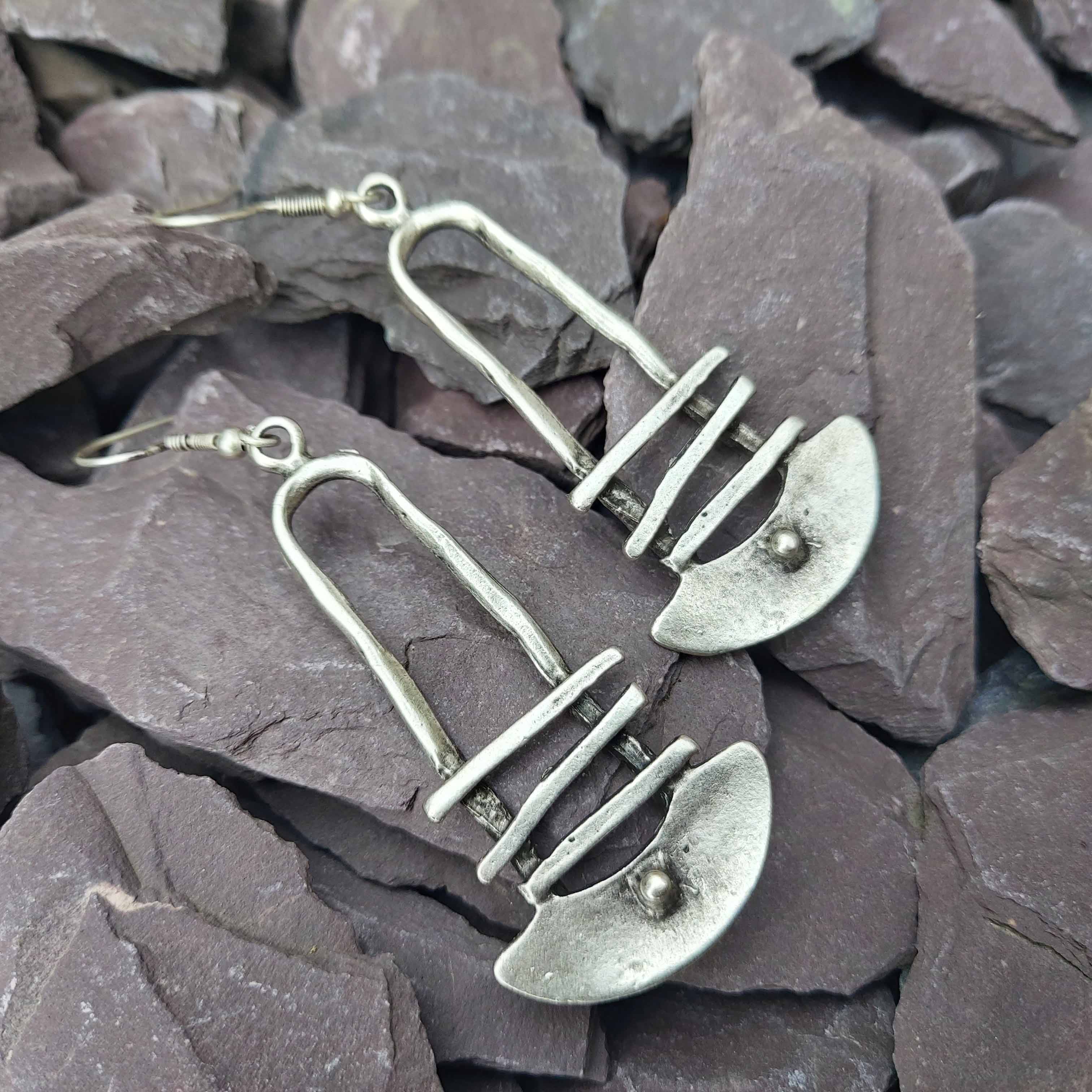 Silver architectural dangle earrings, long tribal bohemian shield drop