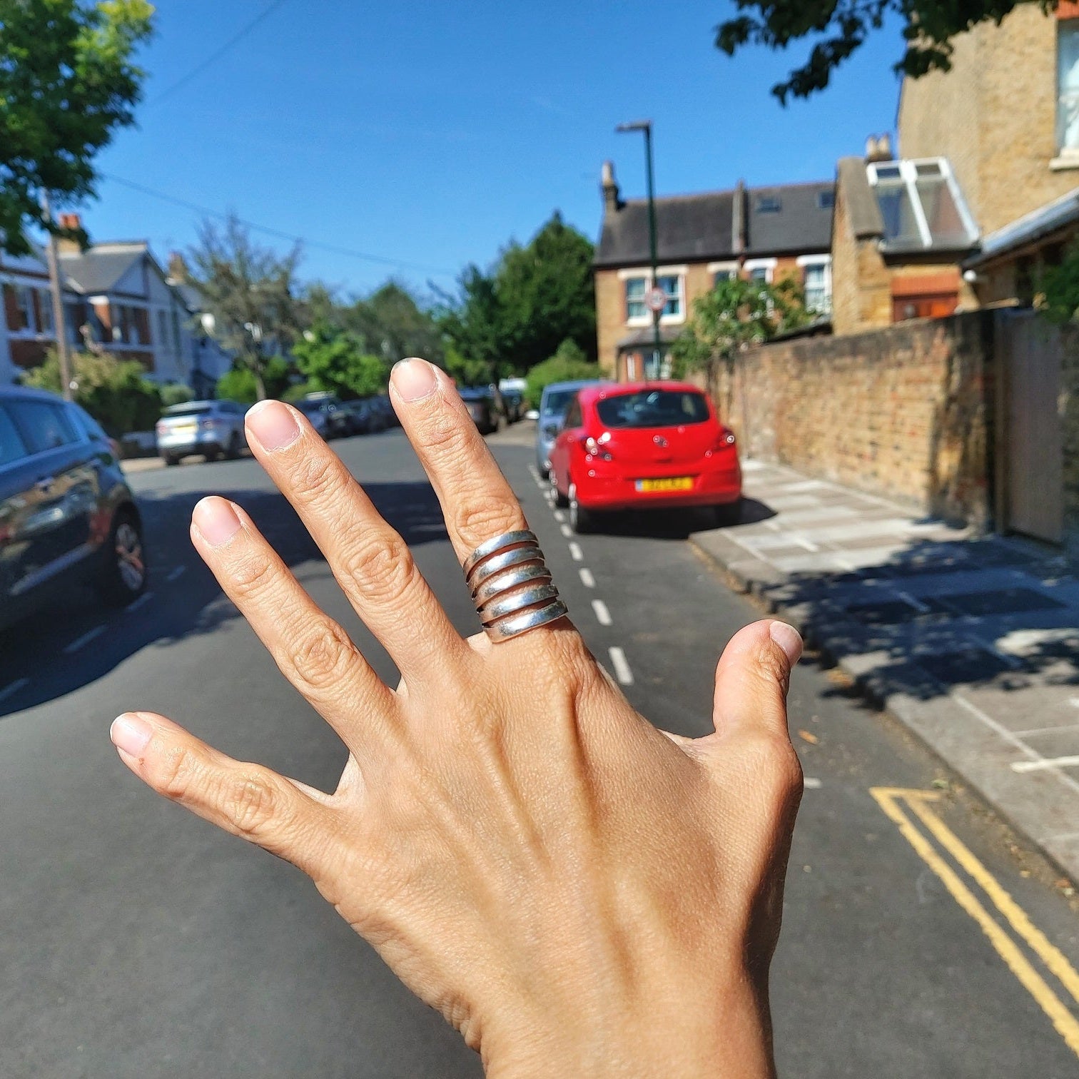 Chunky wide band ring, multi line minimalist brutalist sculptural statement