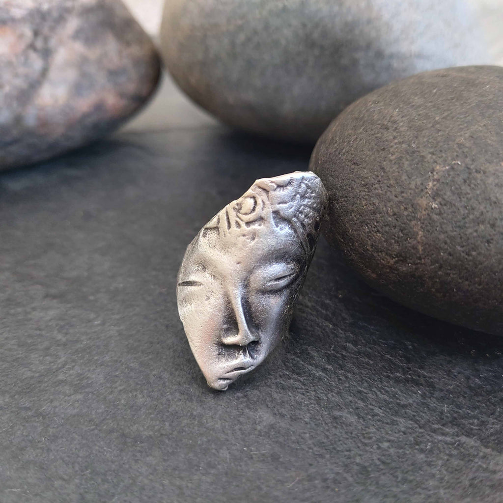 Greek face mask ring, antique silver sculptural adjustable wearable art statement