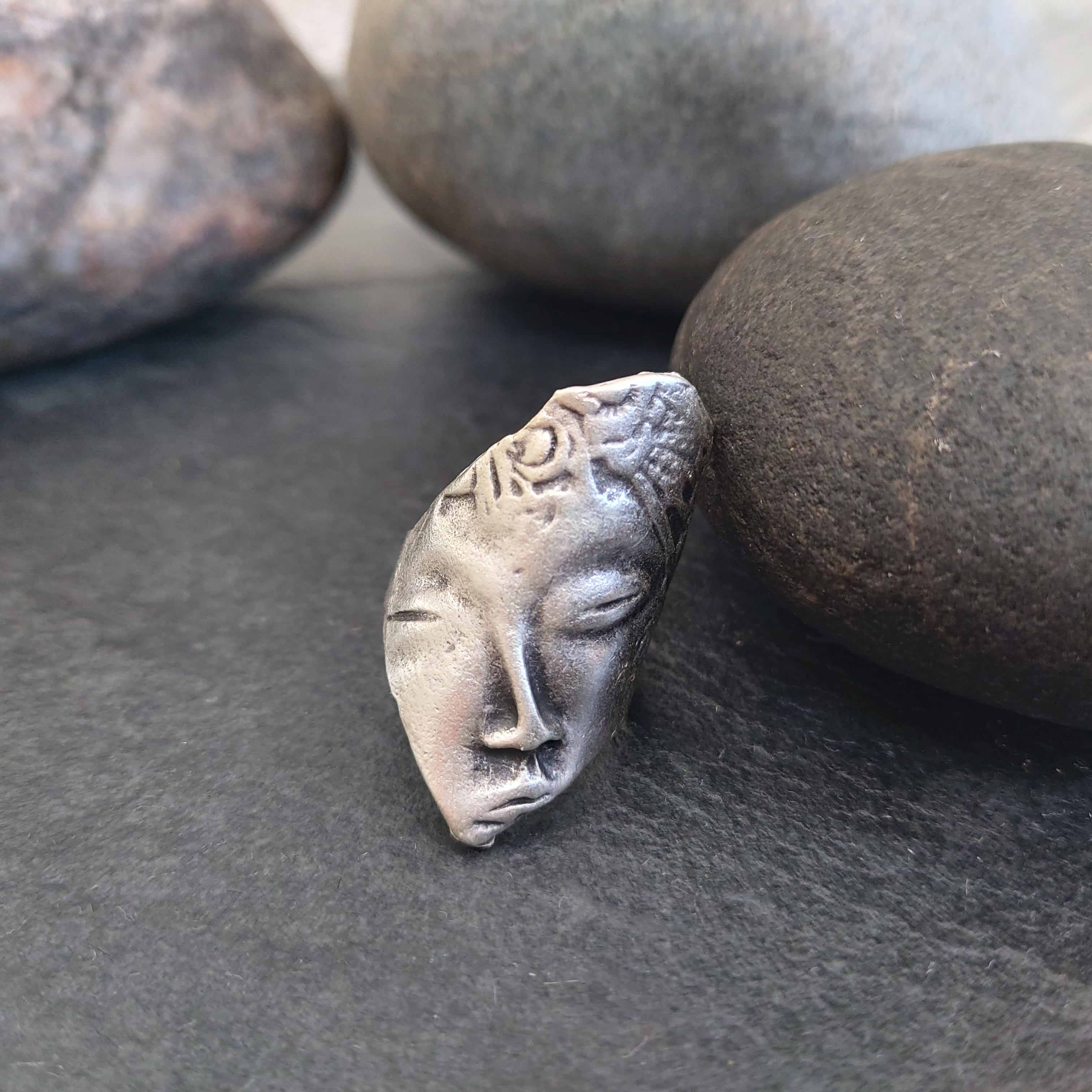 Greek face mask ring, antique silver sculptural adjustable wearable art statement