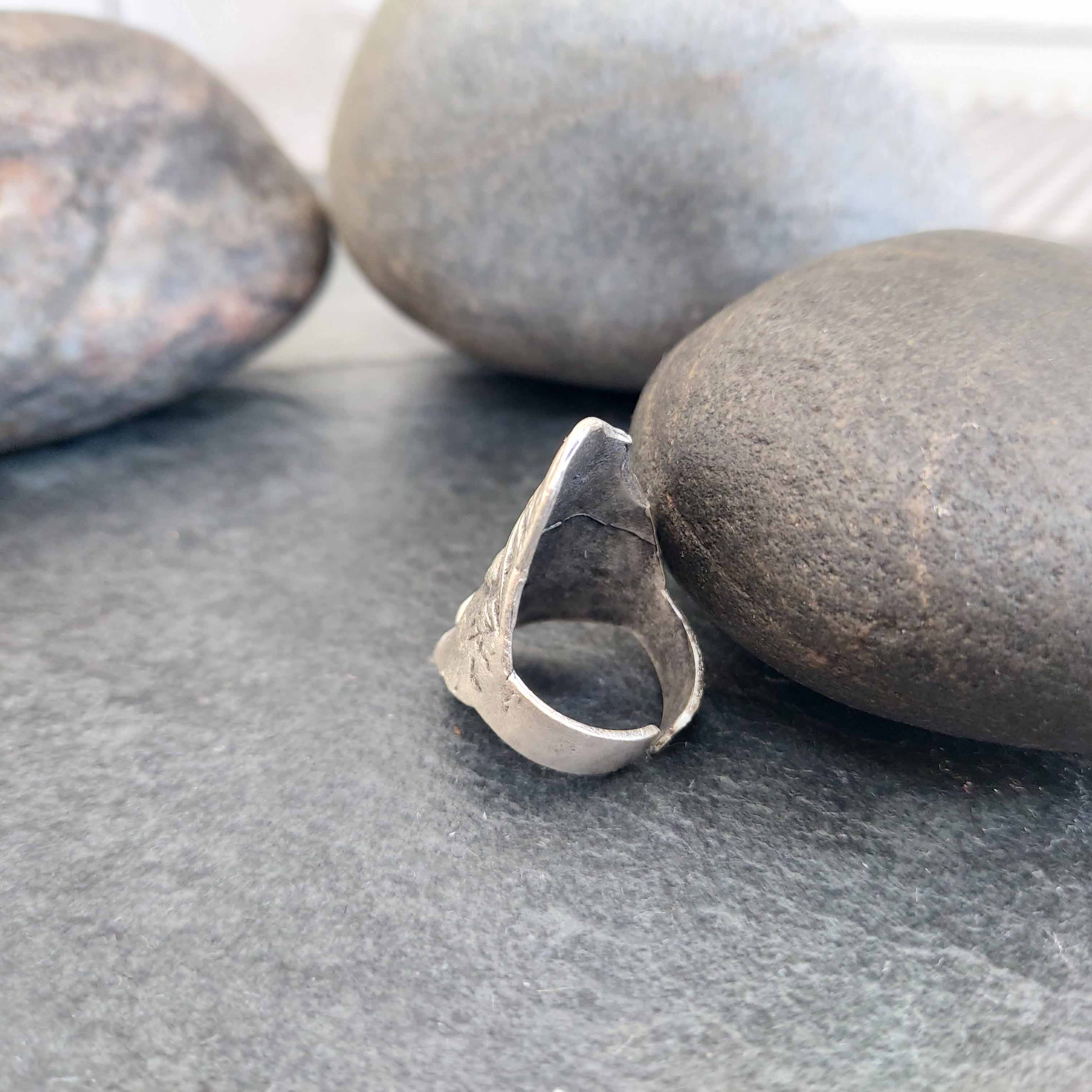 Greek face mask ring, antique silver sculptural adjustable wearable art statement