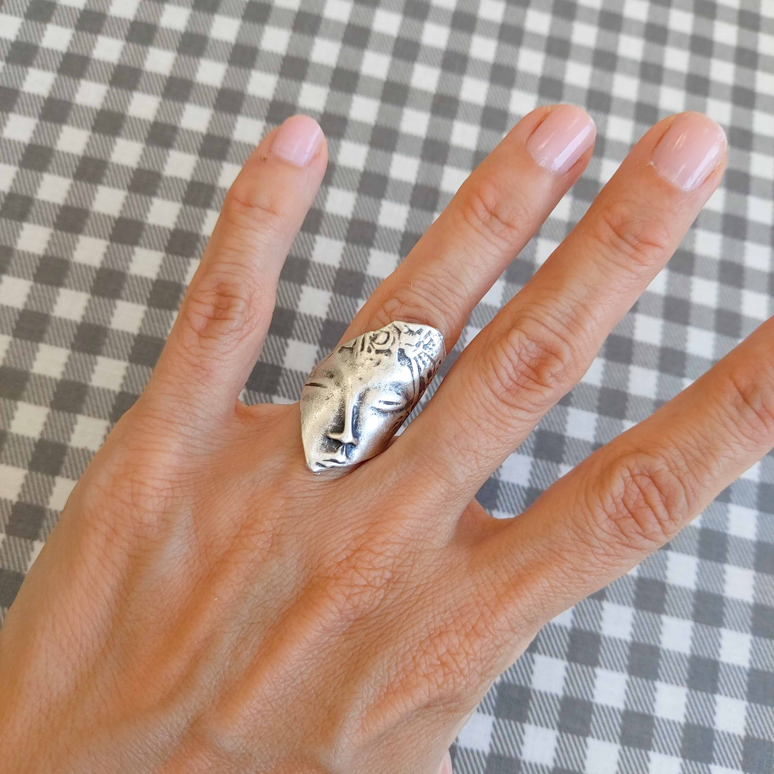 Greek face mask ring, antique silver sculptural adjustable wearable art statement