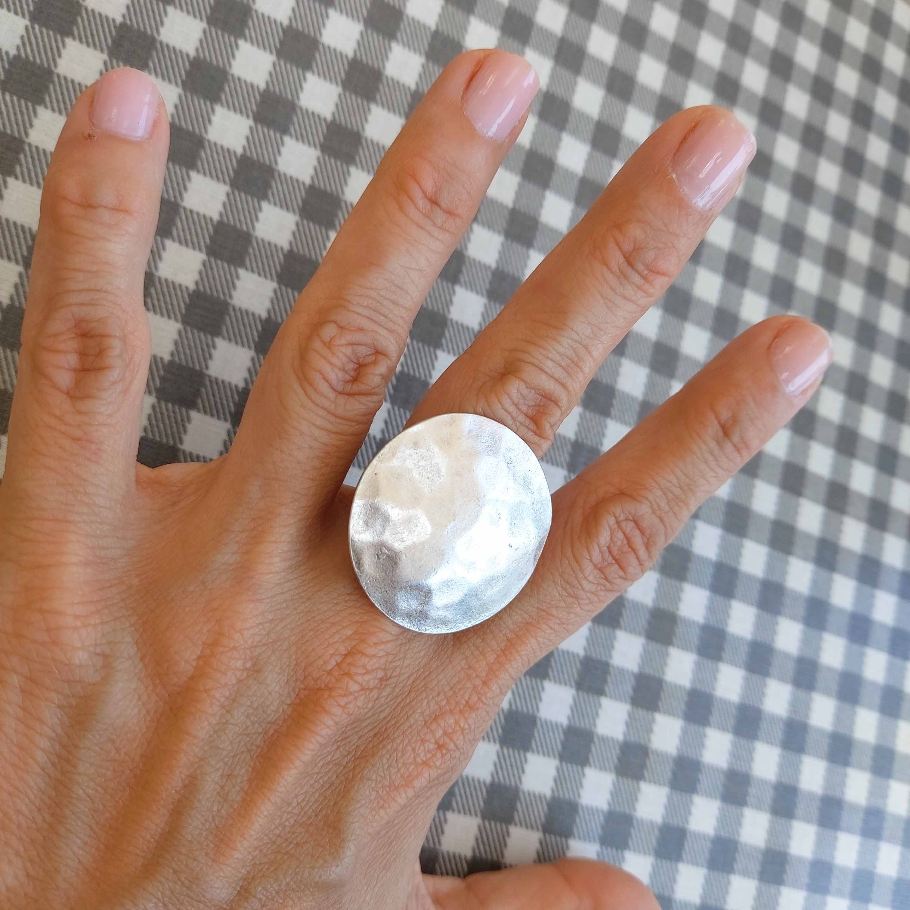 Large hammered disc ring, chunky round oversized silver statement band
