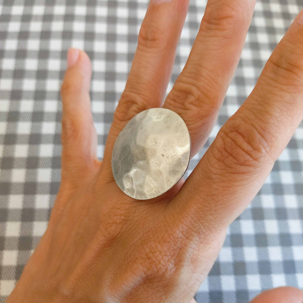Large hammered disc ring, chunky round oversized silver statement band