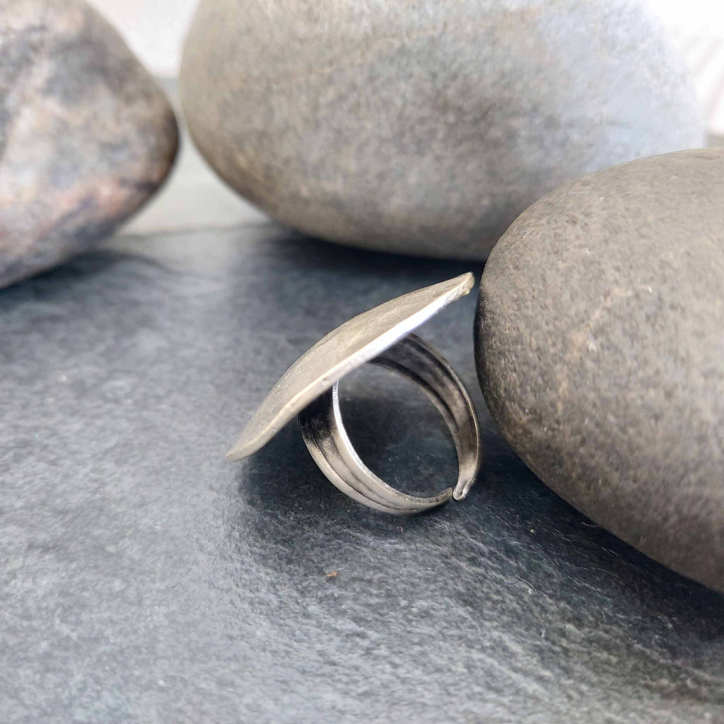 Large hammered disc ring, chunky round oversized silver statement band