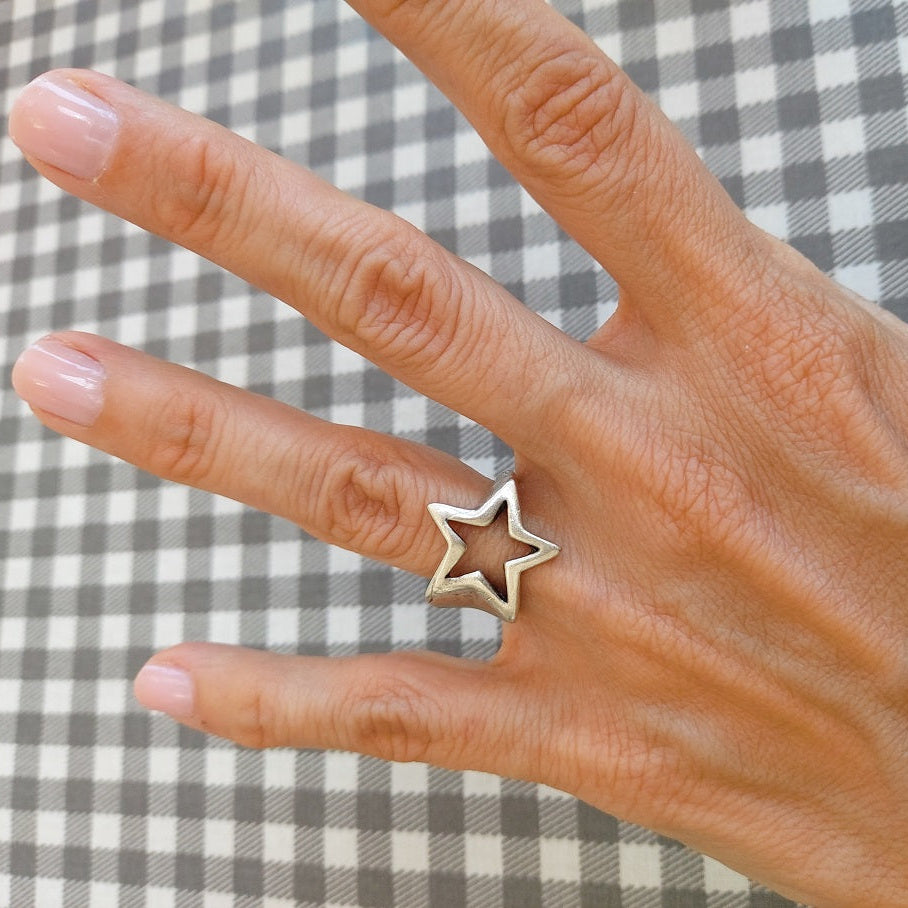 Star ring, chunky silver adjustable celestial boho statement ring