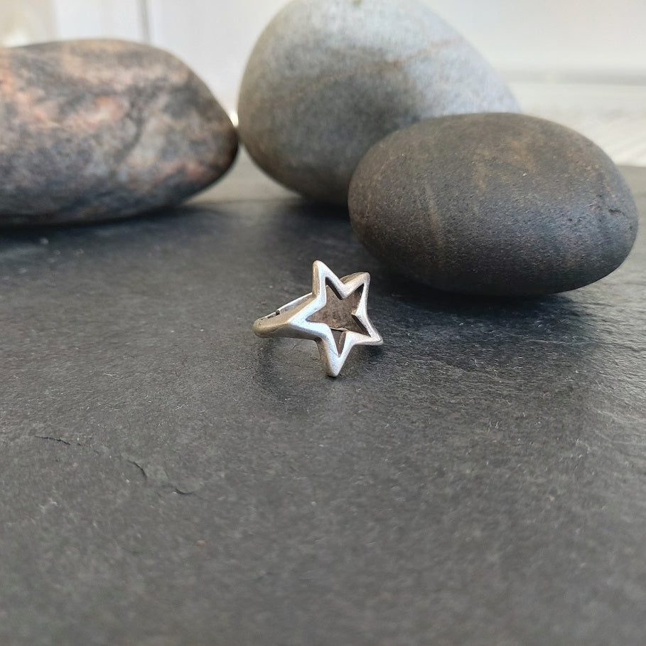 Star ring, chunky silver adjustable celestial boho statement ring