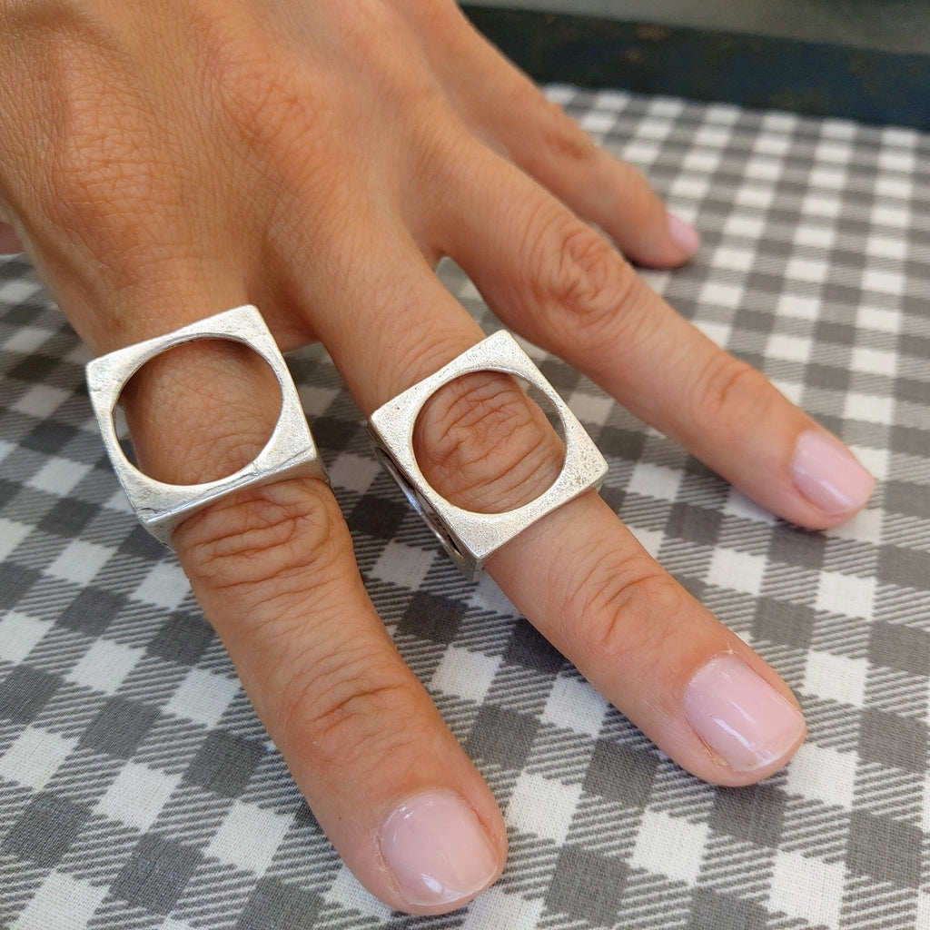 Geometric square circle ring, minimalist architectural statement ring