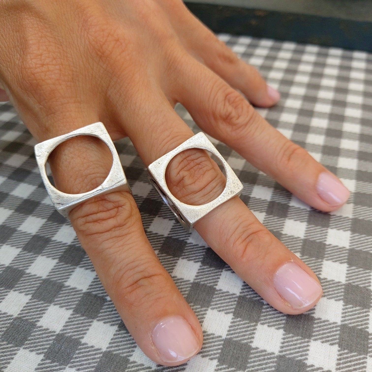 Geometric square circle ring, minimalist architectural statement ring