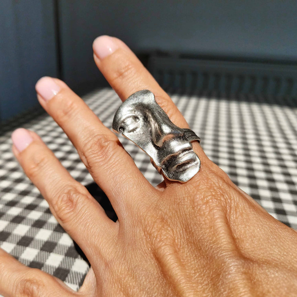 Antique greek face ring, sculptural silver mask ancient profile statement