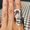 Antique greek face ring, sculptural silver mask ancient profile statement