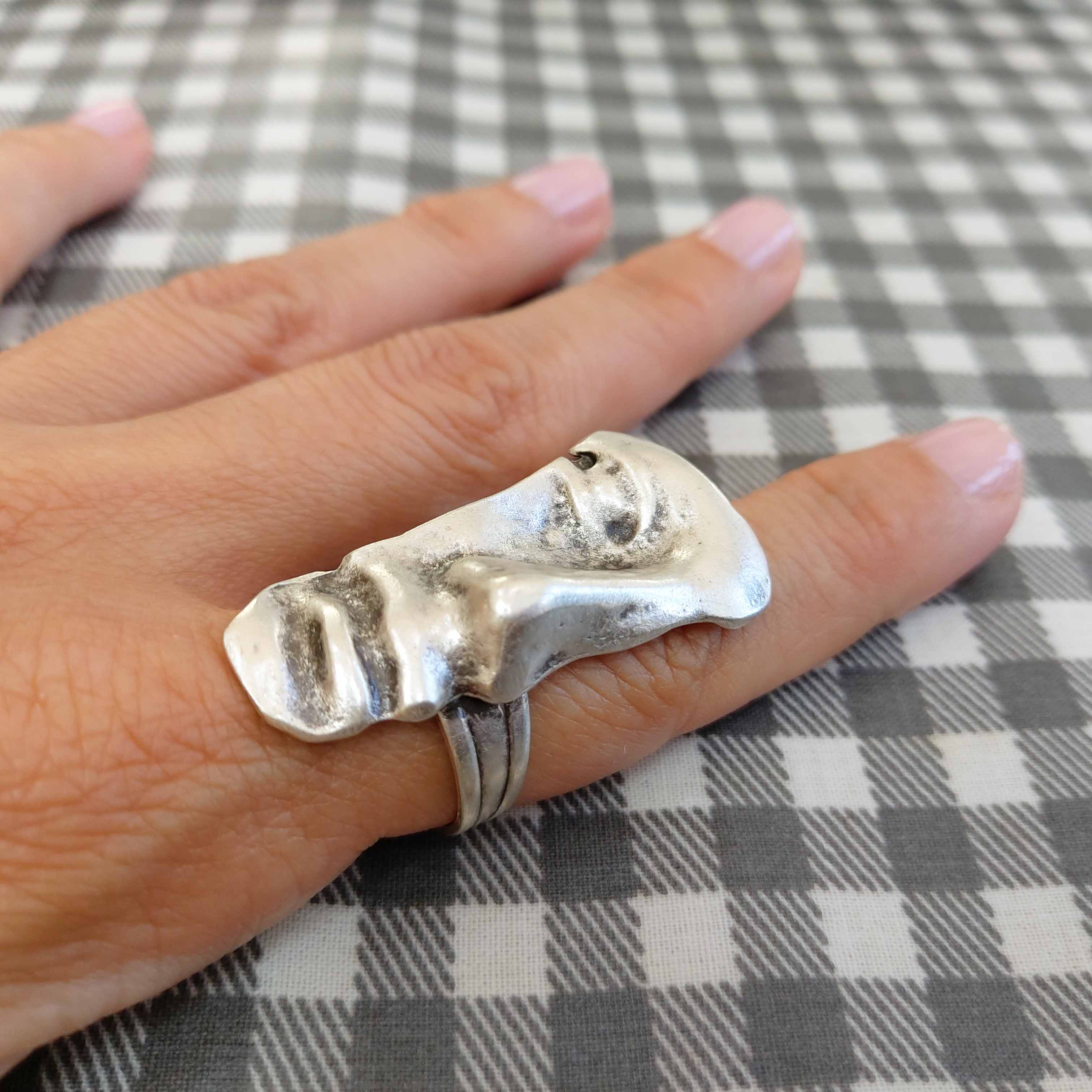 Antique greek face ring, sculptural silver mask ancient profile statement