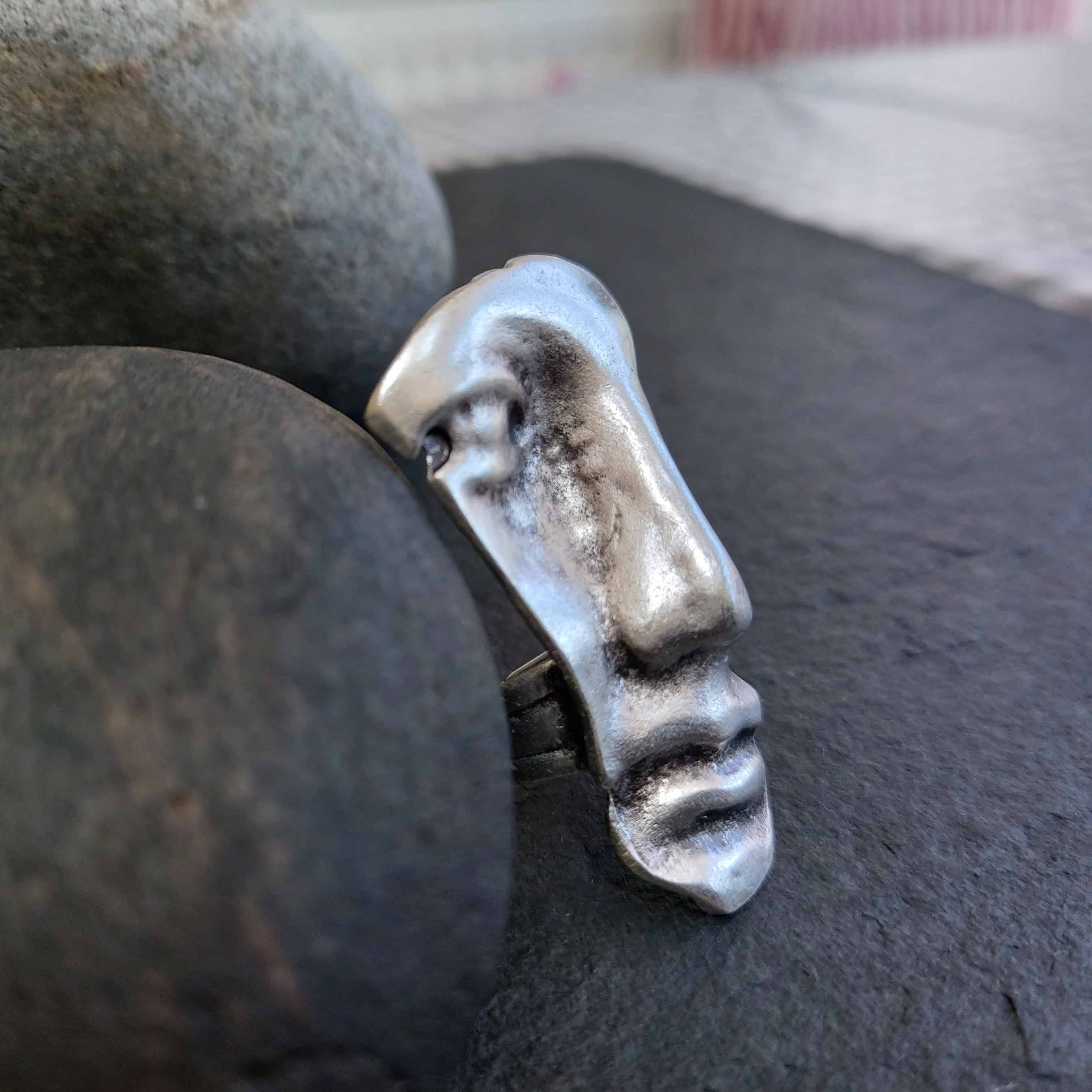 Antique greek face ring, sculptural silver mask ancient profile statement