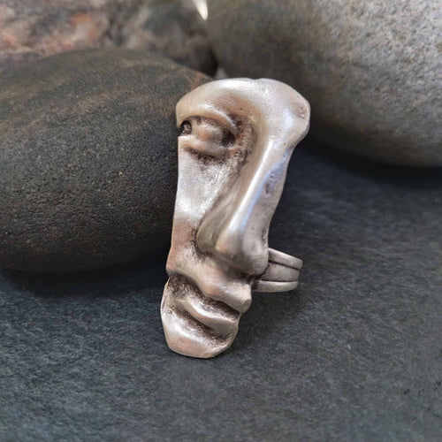 Antique greek face ring, sculptural silver mask ancient profile statement
