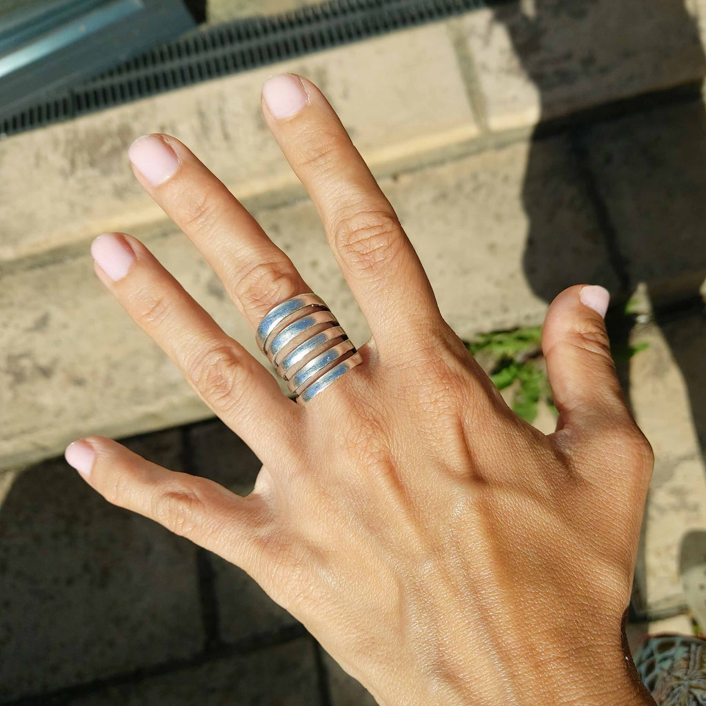 Chunky wide band ring, multi line minimalist brutalist sculptural statement