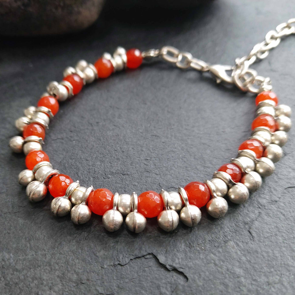 Red bead and silver charm anklet, boho beach foot jewellery