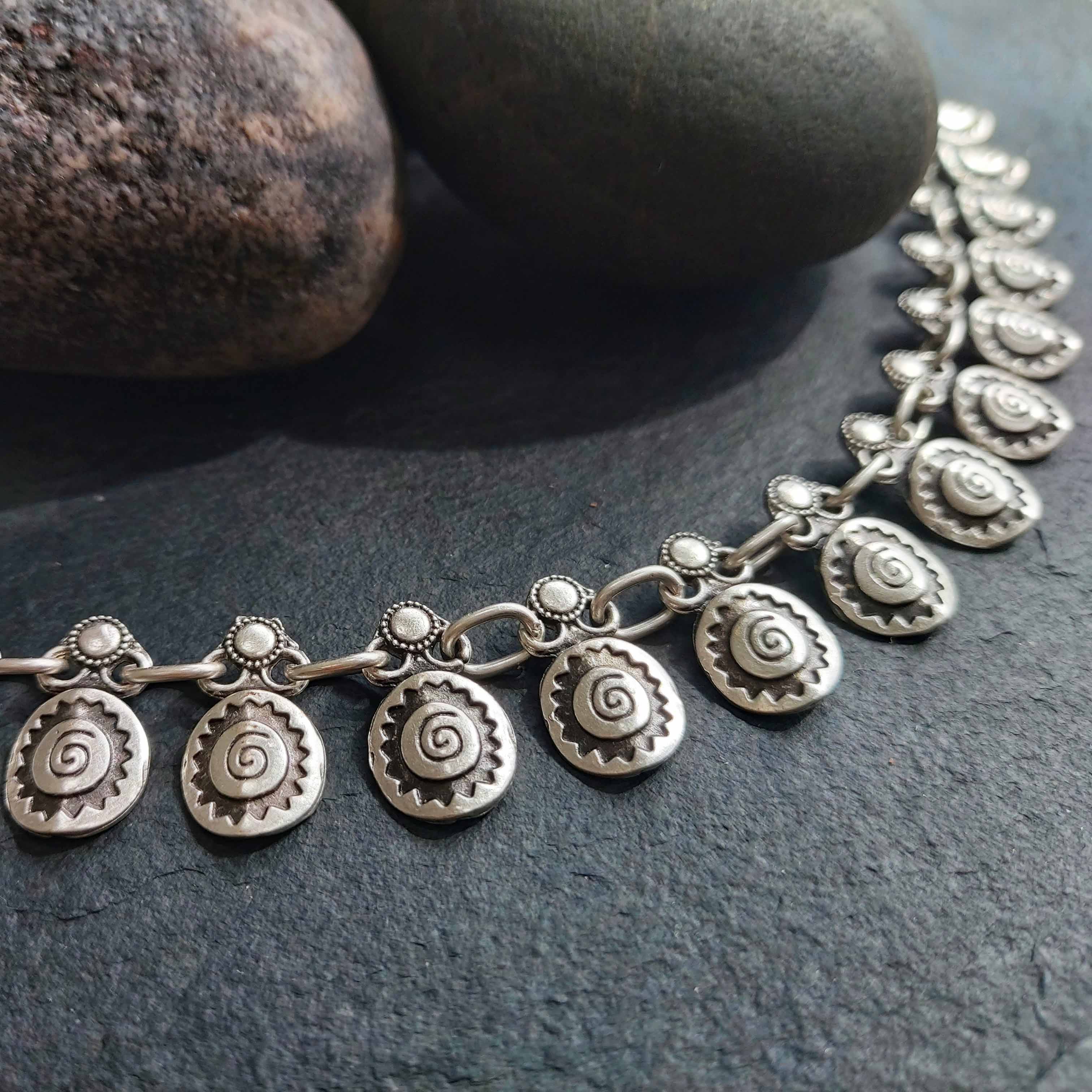Silver spiral charm anklet, boho beach foot jewellery