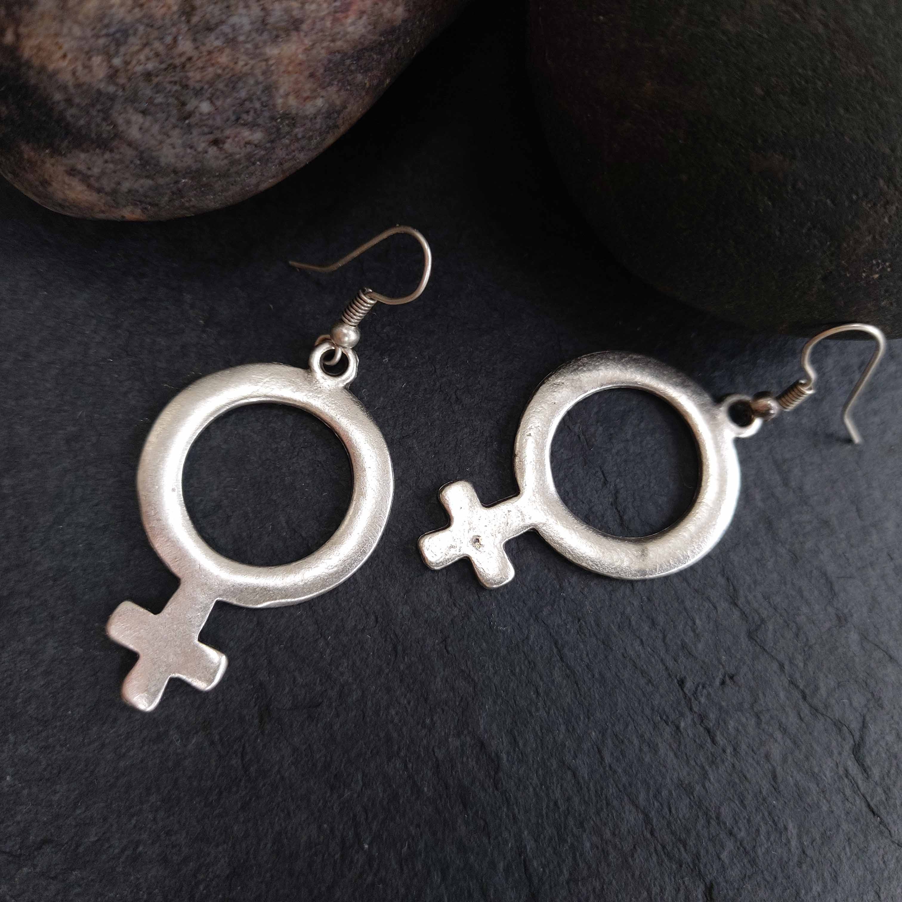 Silver venus symbol earrings, feminist pride female symbol statement dangle