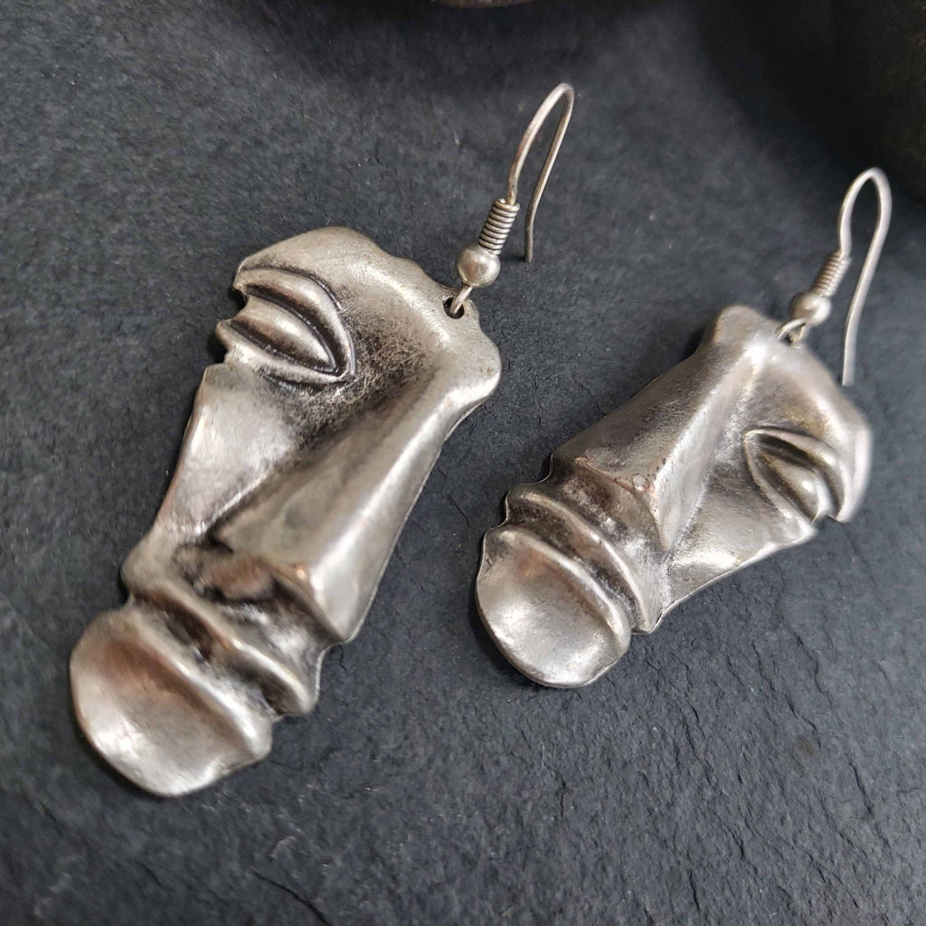 Brutalist greek face earrings, sculptural abstract modernist dangle statement