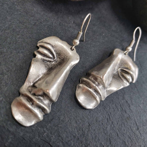 Brutalist greek face earrings, sculptural abstract modernist dangle statement