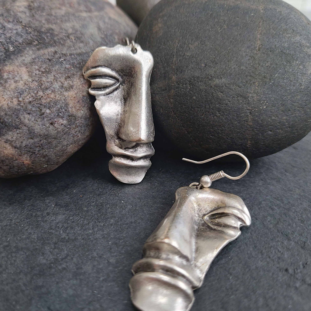 Brutalist greek face earrings, sculptural abstract modernist dangle statement