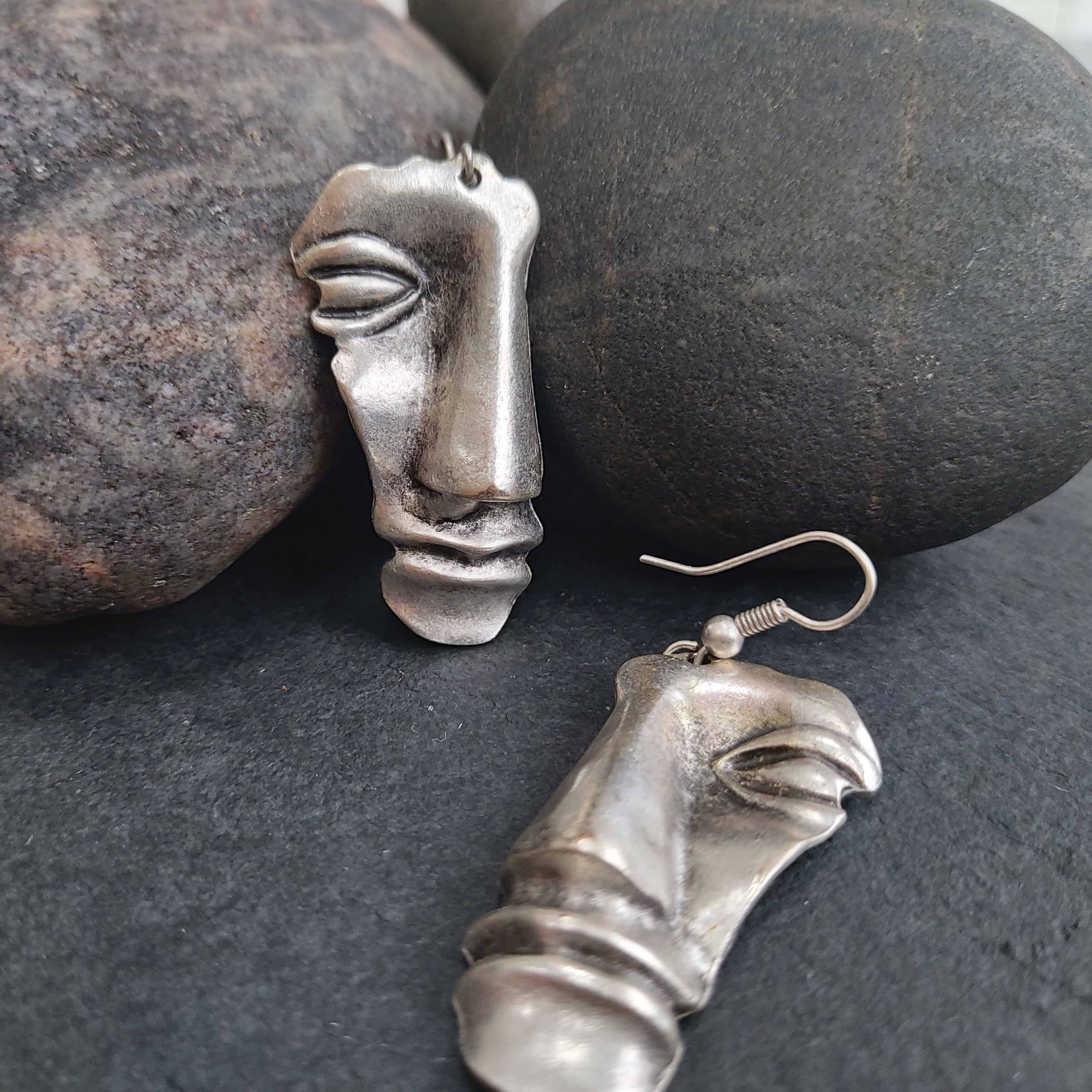 Brutalist greek face earrings, sculptural abstract modernist dangle statement