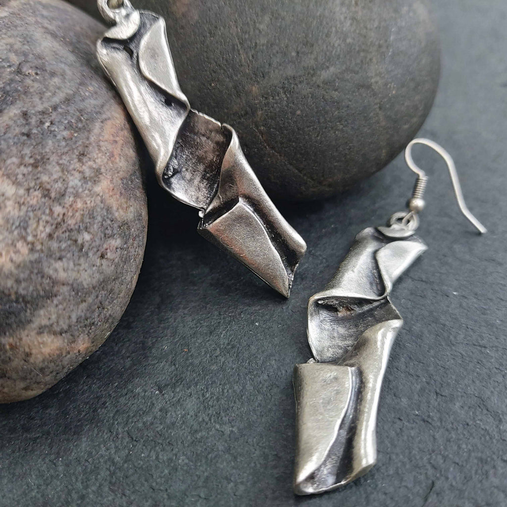 Brutalist silver dangle earrings, sculptural folded abstract wearable art