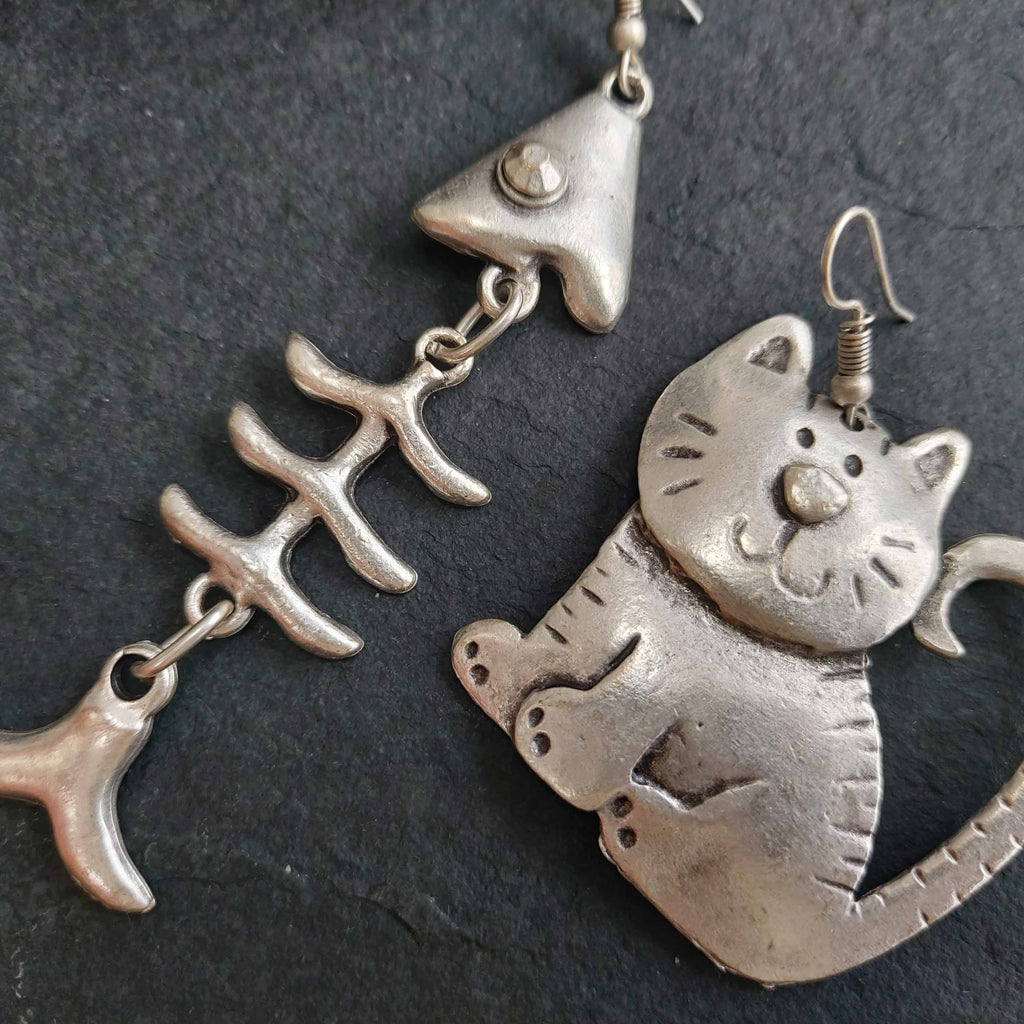 Silver cat and fish mismatched earrings, oversize quirky statement dangle