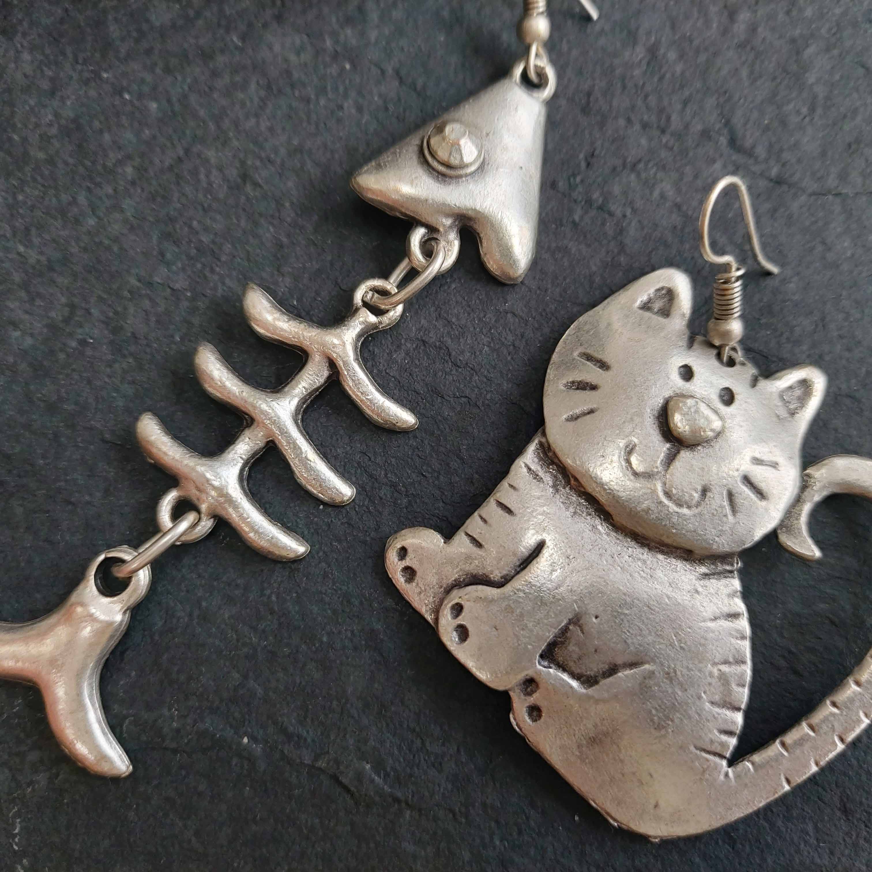 Silver cat and fish mismatched earrings, oversize quirky statement dangle