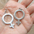 Silver venus symbol earrings, feminist pride female symbol statement dangle