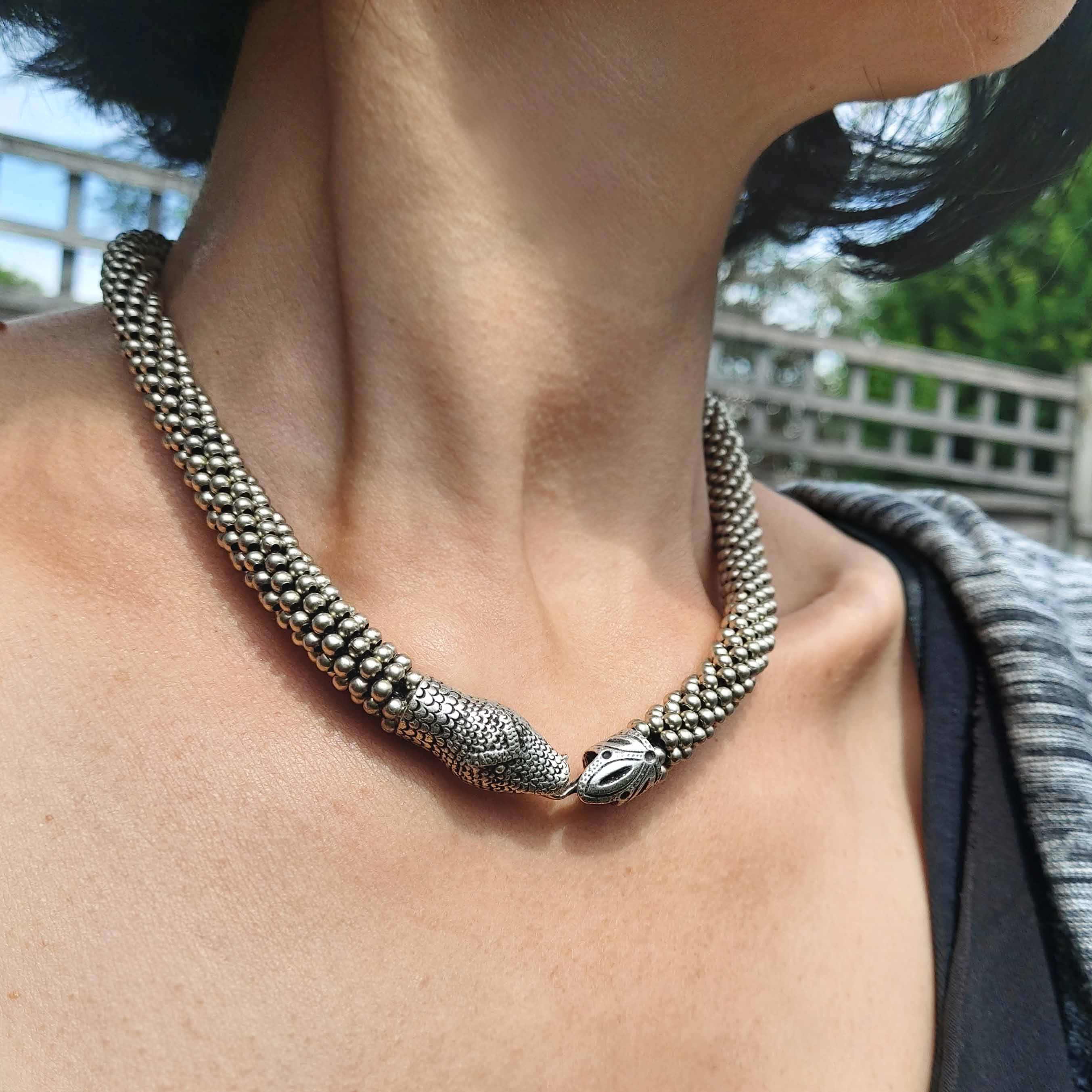 Snake dragon head torque collar necklace, viking norse statement jewellery