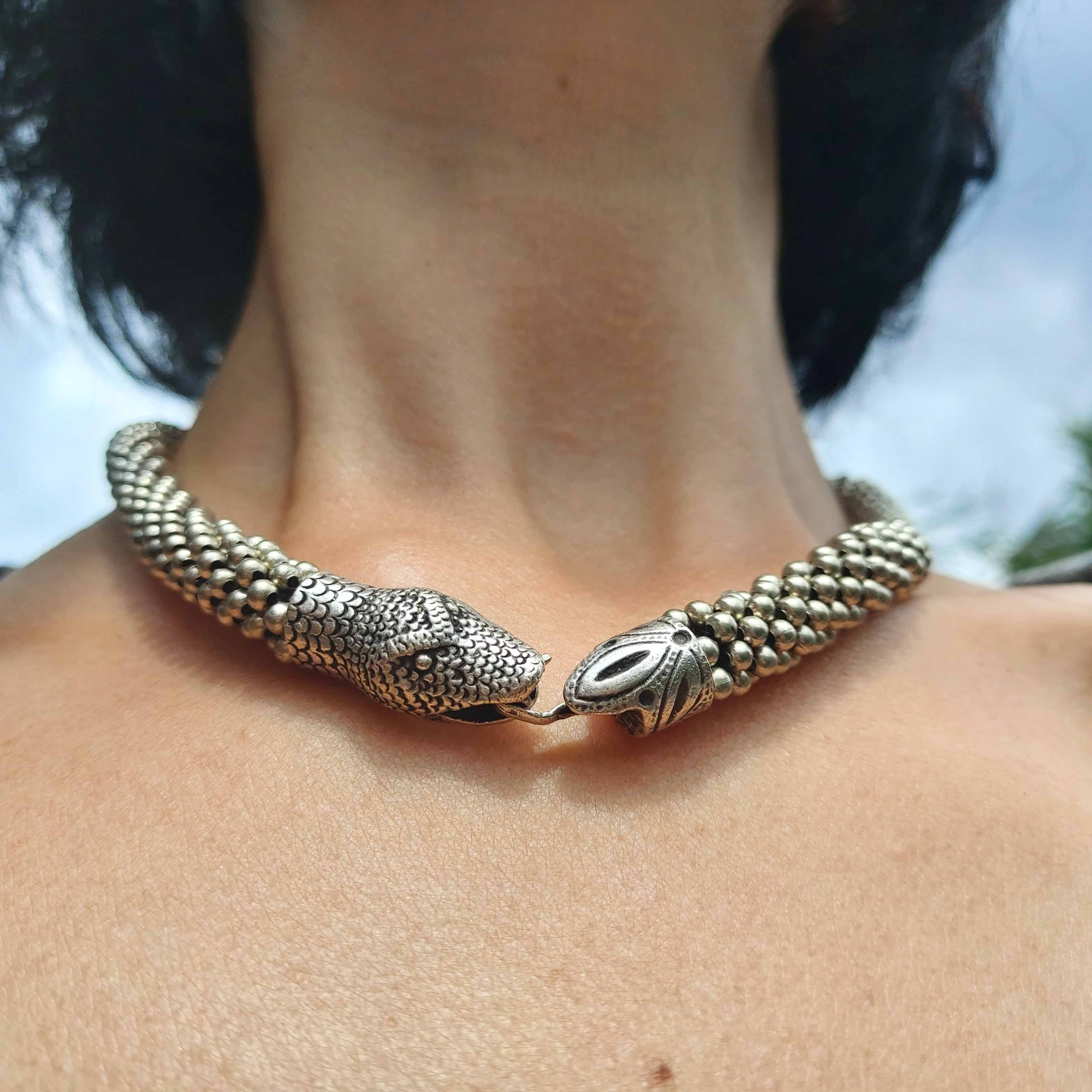 Snake dragon head torque collar necklace, viking norse statement jewellery